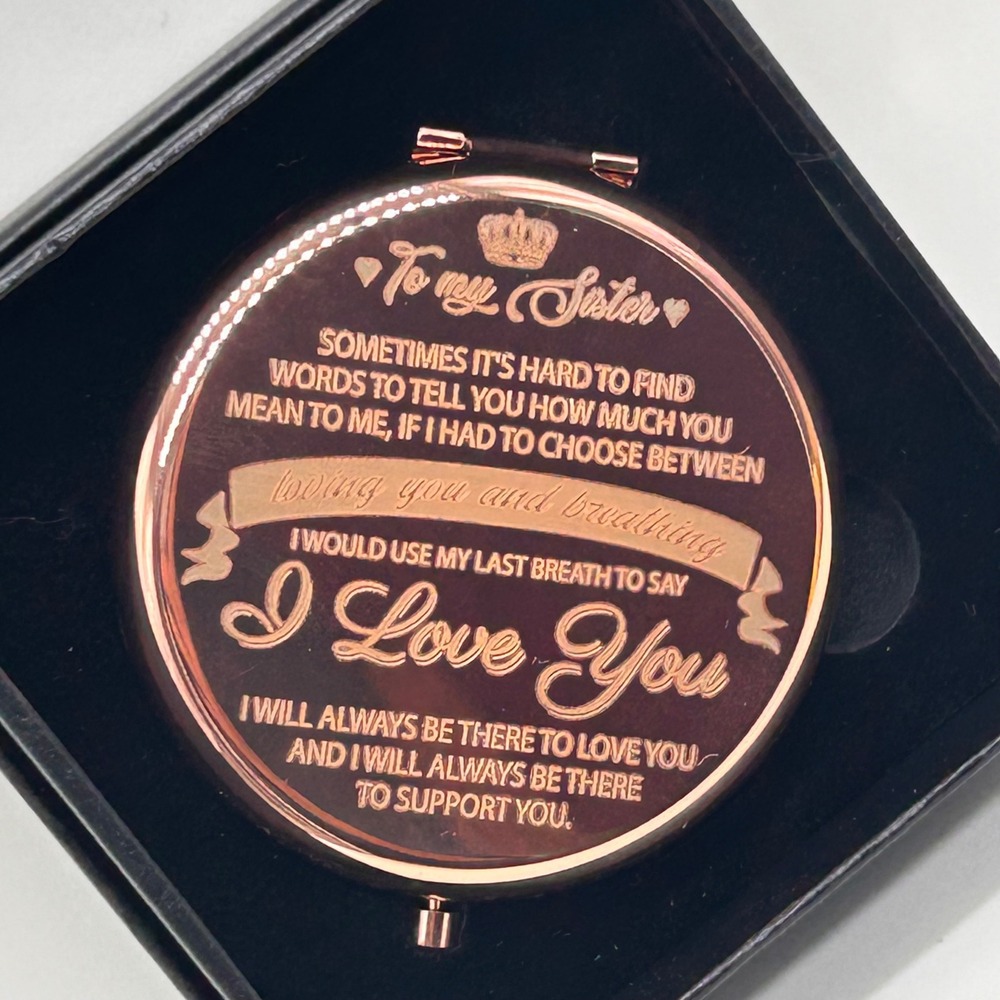 ElegantPark Rose Gold Sister Engraved Compact Mirror Gift Round Folding Pocket